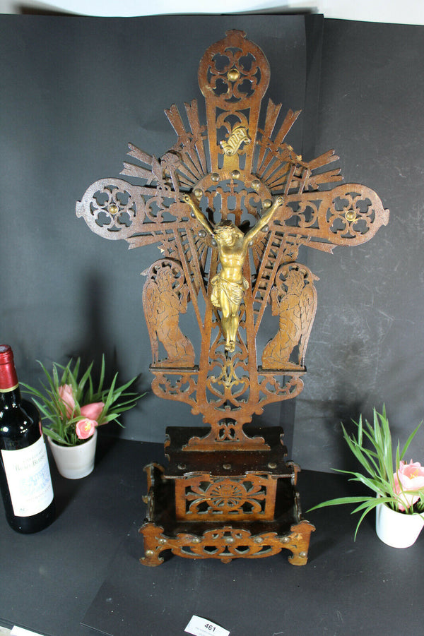 Antique XL Wood cut crucifix archangels figurines