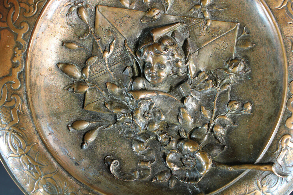 Copper embossed Relief putti cherub wall round plate FFAntiques