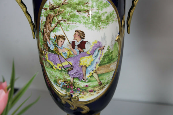PAIR limoges cobalt blue porcelain urns vases romantic decors