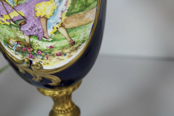 PAIR limoges cobalt blue porcelain urns vases romantic decors