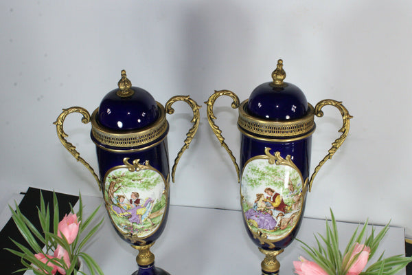 PAIR limoges cobalt blue porcelain urns vases romantic decors