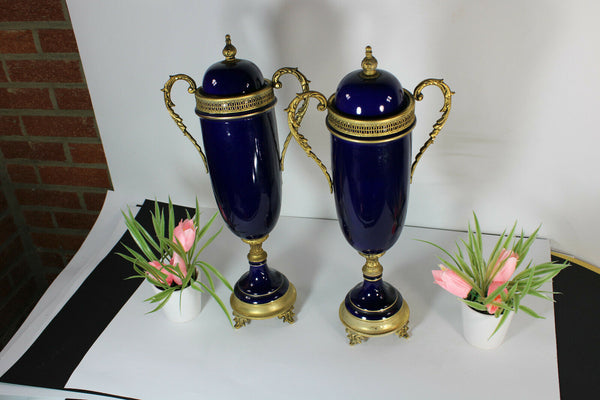PAIR limoges cobalt blue porcelain urns vases romantic decors