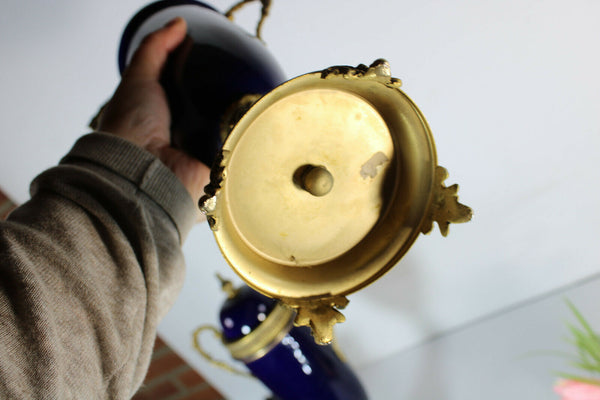 PAIR limoges cobalt blue porcelain urns vases romantic decors