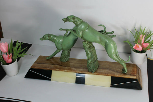 Antique xl art deco marble zamac pair greyhounds dogs Sculpture statue