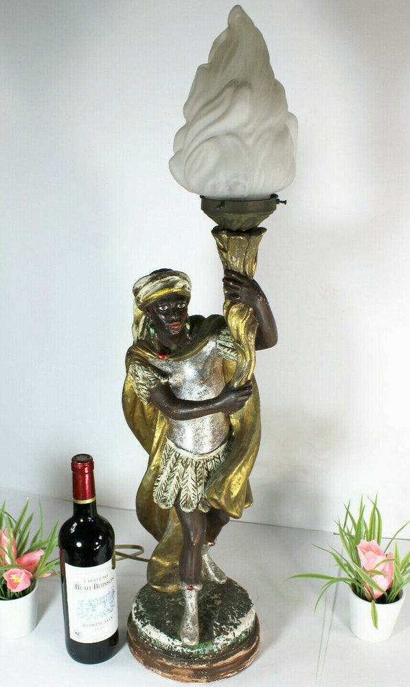 Vintage XL French chalk blackamoor figurine statue lamp flame shade