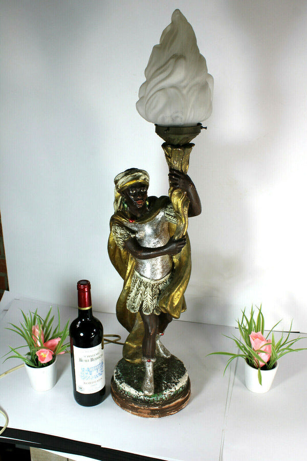 Vintage XL French chalk blackamoor figurine statue lamp flame shade