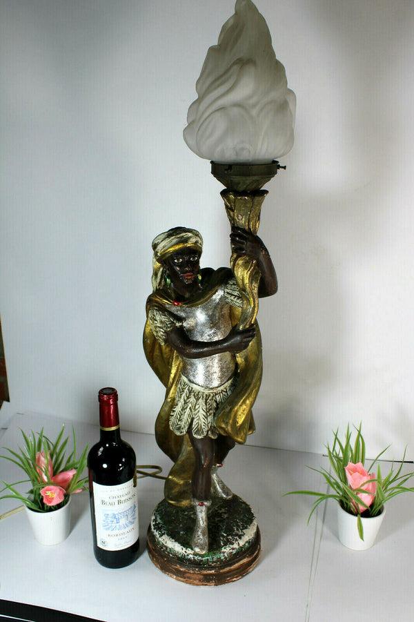 Vintage XL French chalk blackamoor figurine statue lamp flame shade
