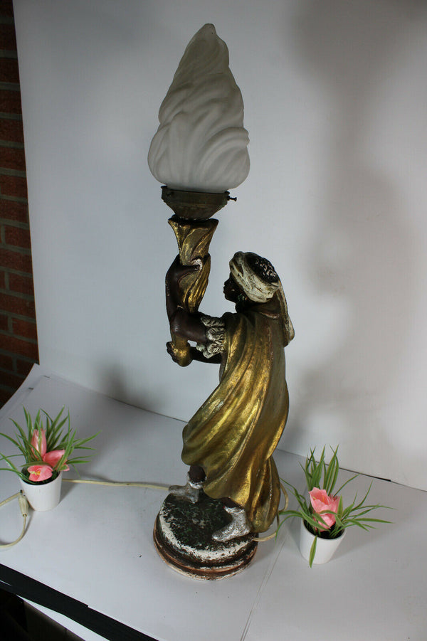 Vintage XL French chalk blackamoor figurine statue lamp flame shade