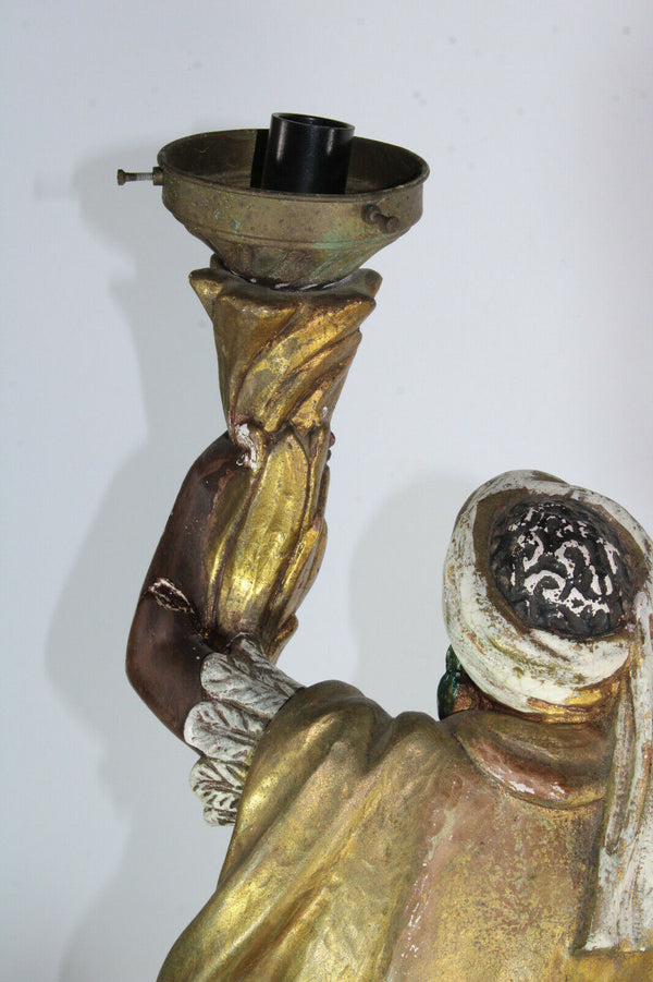 Vintage XL French chalk blackamoor figurine statue lamp flame shade