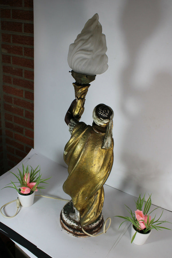 Vintage XL French chalk blackamoor figurine statue lamp flame shade