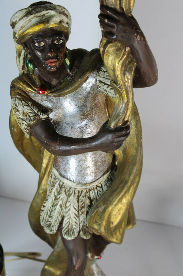 Vintage XL French chalk blackamoor figurine statue lamp flame shade