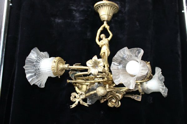 RAre antique Bronze Cherub putti lady Louis XVI chandelier lamp