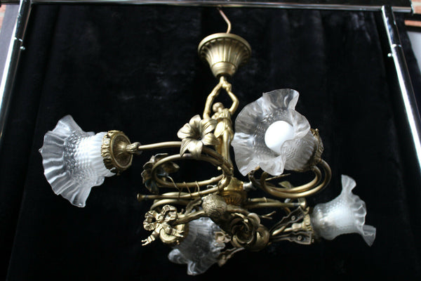 RAre antique Bronze Cherub putti lady Louis XVI chandelier lamp