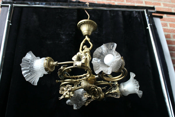 RAre antique Bronze Cherub putti lady Louis XVI chandelier lamp