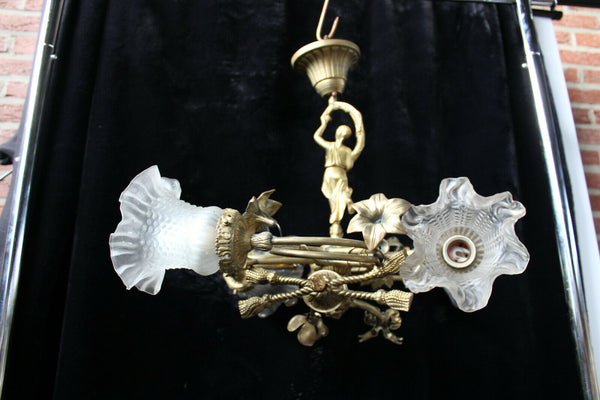 RAre antique Bronze Cherub putti lady Louis XVI chandelier lamp