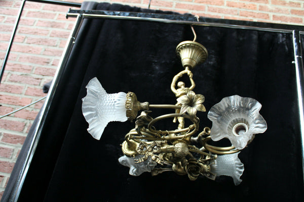 RAre antique Bronze Cherub putti lady Louis XVI chandelier lamp