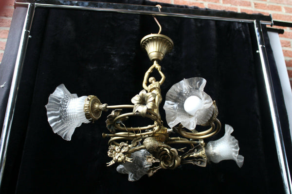 RAre antique Bronze Cherub putti lady Louis XVI chandelier lamp