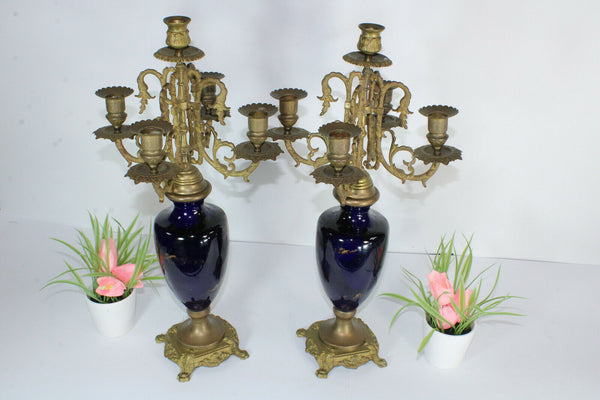 PAIR antique French faience romantic victorian scene Candelabras candle holders