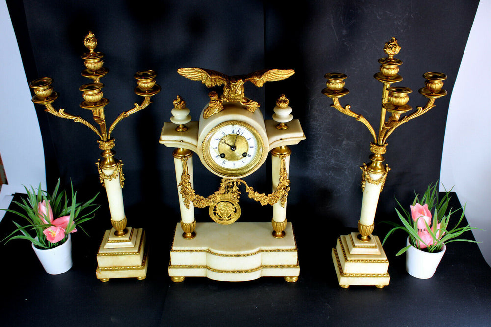 Antique French onyx marble brass eagle empire clock candelabras candle holder
