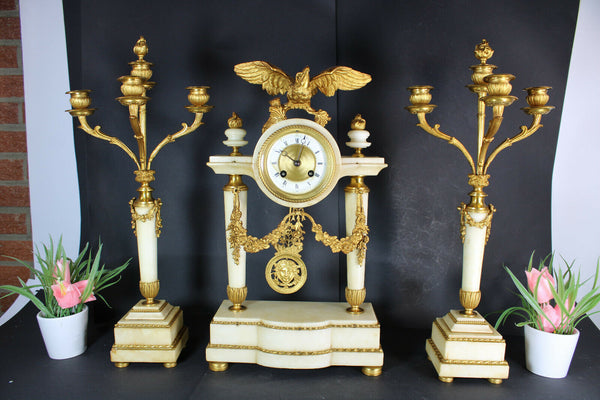 Antique French onyx marble brass eagle empire clock candelabras candle holder