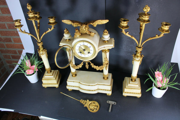 Antique French onyx marble brass eagle empire clock candelabras candle holder