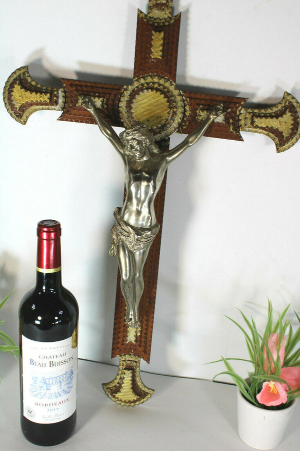 Antique tramp art large wood carved crucifix cross religious