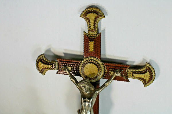 Antique tramp art large wood carved crucifix cross religious