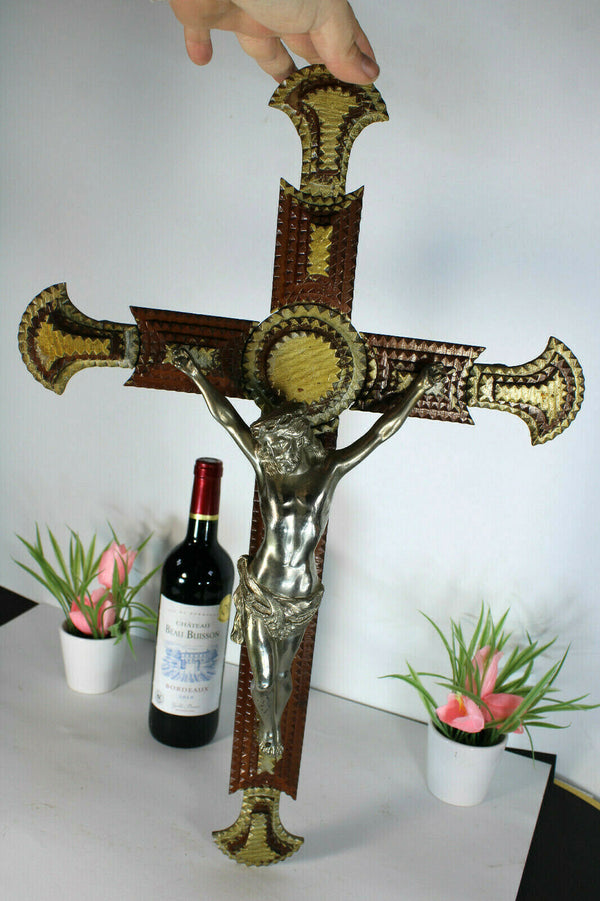 Antique tramp art large wood carved crucifix cross religious