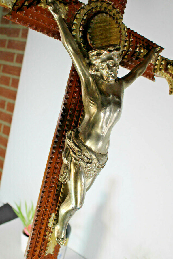 Antique tramp art large wood carved crucifix cross religious