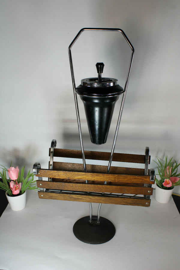 Retro vintage 1970 wood chrome metal ashtray magazine stand holder rare