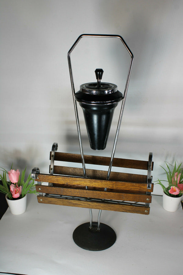 Retro vintage 1970 wood chrome metal ashtray magazine stand holder rare