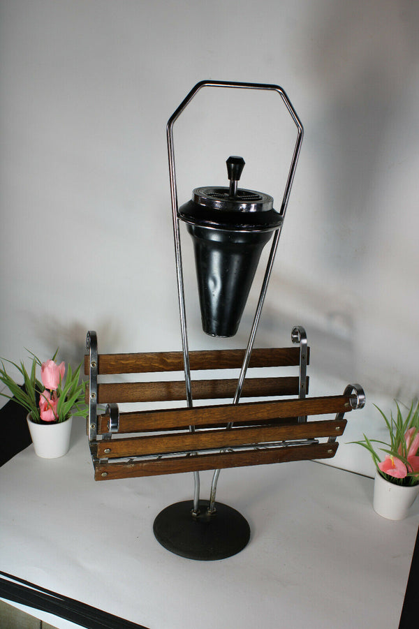 Retro vintage 1970 wood chrome metal ashtray magazine stand holder rare