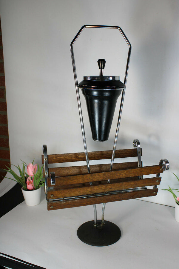 Retro vintage 1970 wood chrome metal ashtray magazine stand holder rare