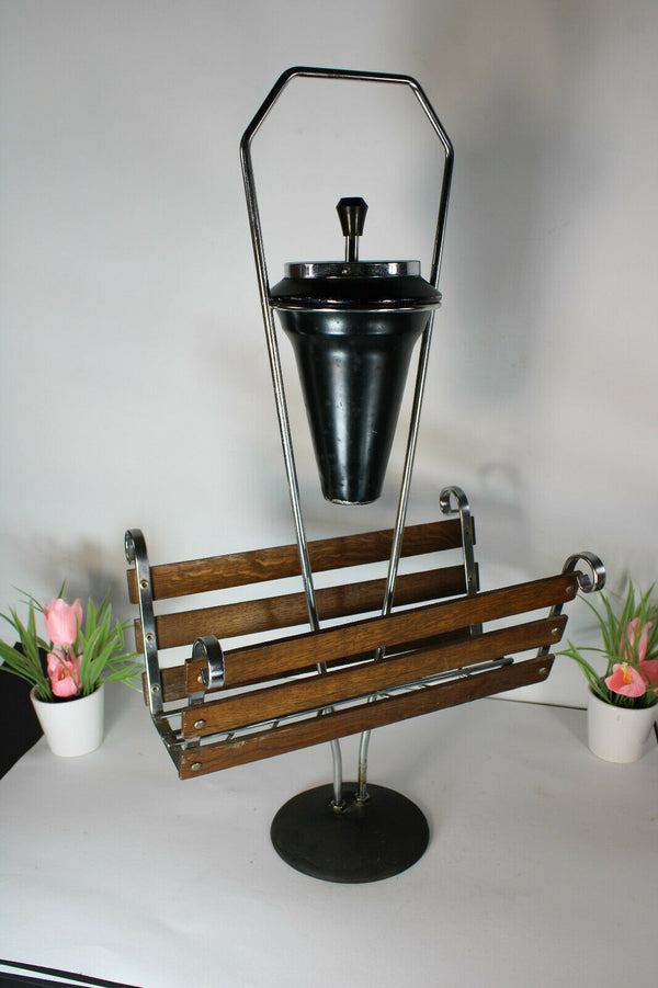 Retro vintage 1970 wood chrome metal ashtray magazine stand holder rare
