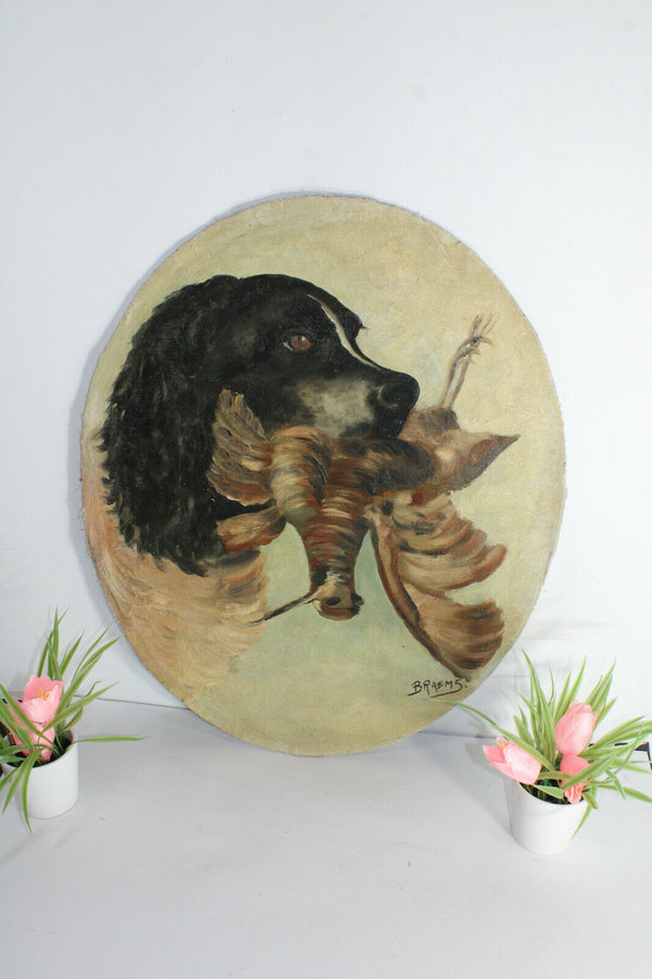 Antique french oil canvas cardboard dog hunting pheasant bird painting signed