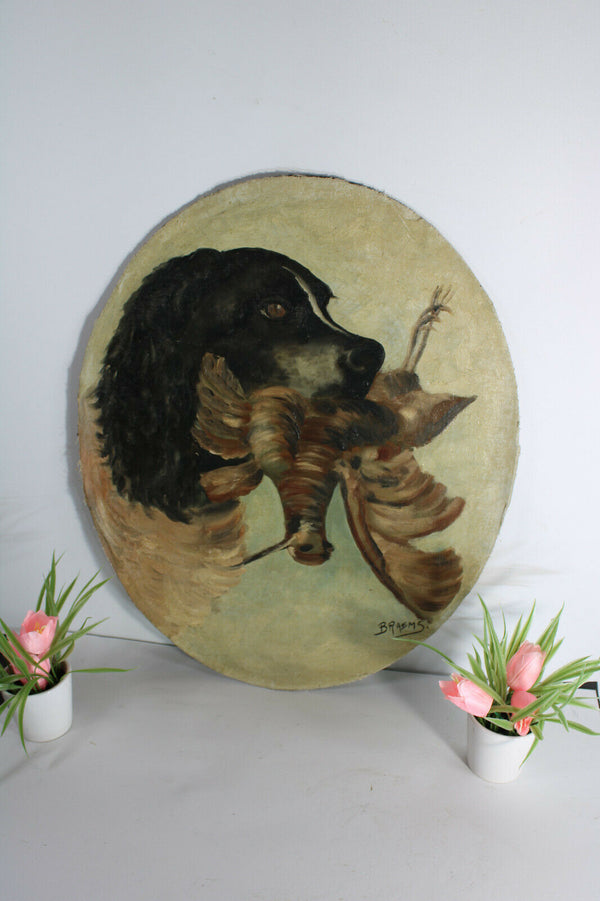 Antique french oil canvas cardboard dog hunting pheasant bird painting signed