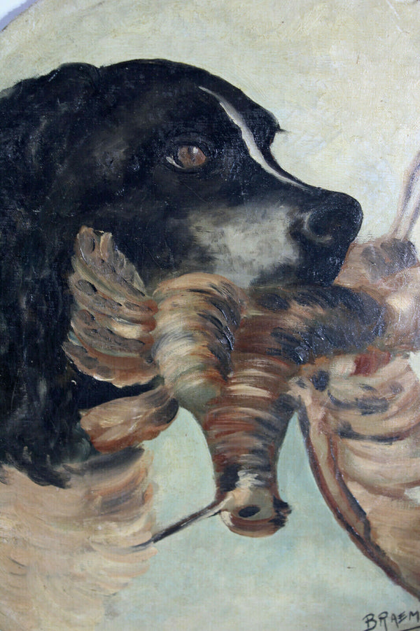 Antique french oil canvas cardboard dog hunting pheasant bird painting signed