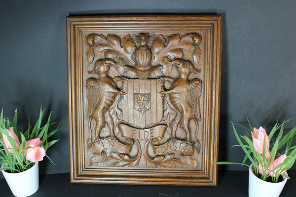 Antique wood carved wall panel coat of arms knight mythological dragons rare