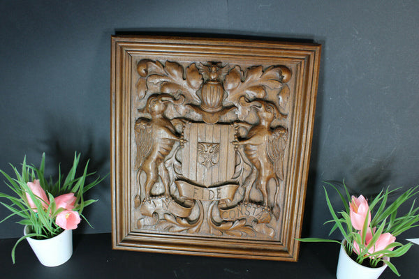 Antique wood carved wall panel coat of arms knight mythological dragons rare