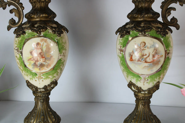 pair antique opaline putti cherub angels pitcher vases