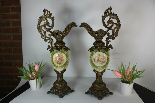 pair antique opaline putti cherub angels pitcher vases