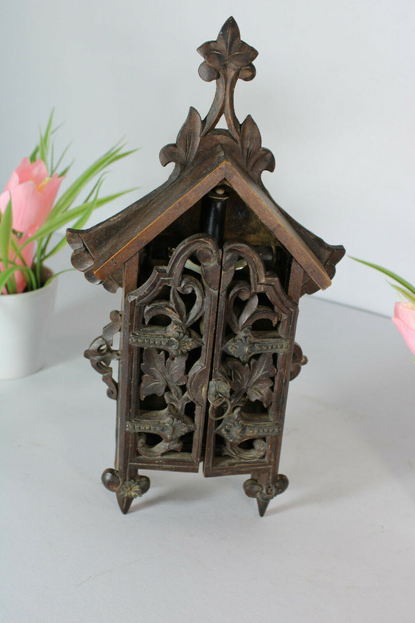 Antique Black Forest wood carved religious chapel crucifix mother pearl corpus