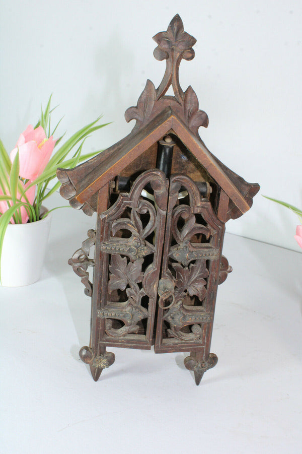 Antique Black Forest wood carved religious chapel crucifix mother pearl corpus