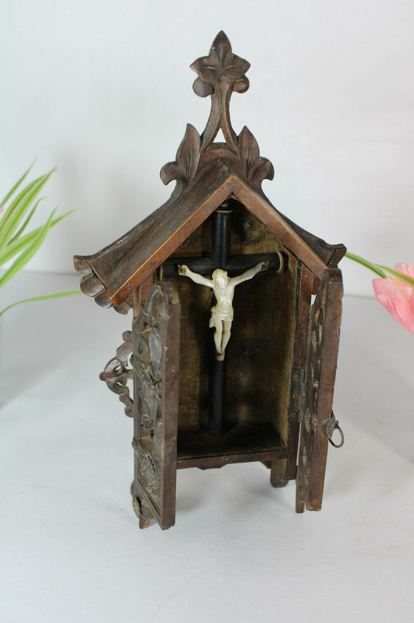 Antique Black Forest wood carved religious chapel crucifix mother pearl corpus
