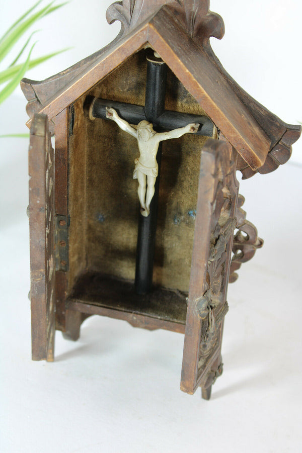 Antique Black Forest wood carved religious chapel crucifix mother pearl corpus