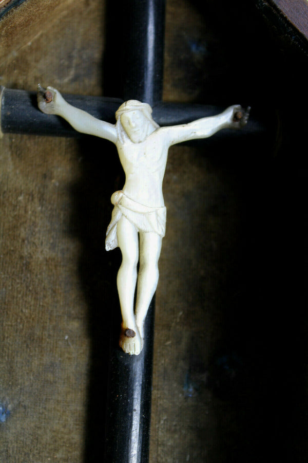 Antique Black Forest wood carved religious chapel crucifix mother pearl corpus