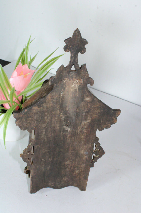 Antique Black Forest wood carved religious chapel crucifix mother pearl corpus