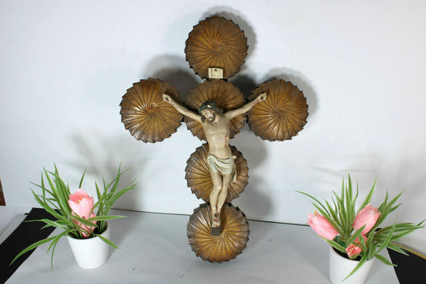 antique French wood cut cross crucifix chalkware christ corpus