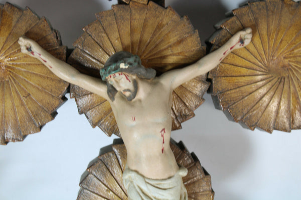 antique French wood cut cross crucifix chalkware christ corpus