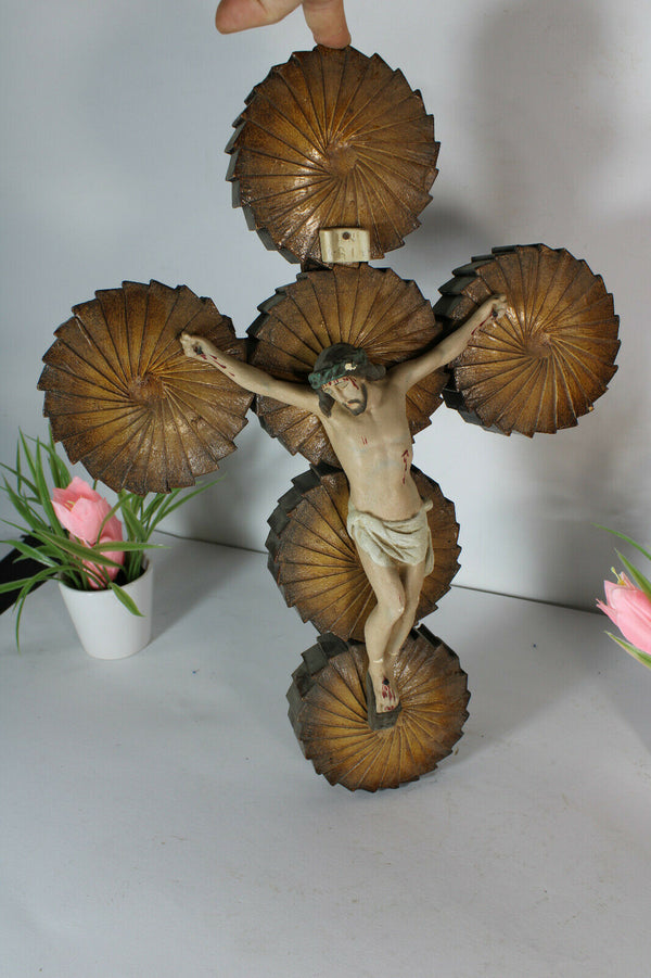 antique French wood cut cross crucifix chalkware christ corpus